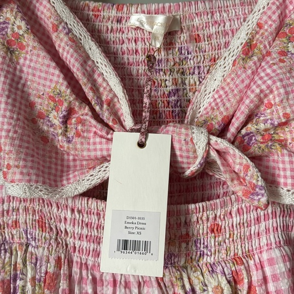 LoveShackFancy NWT Emeka Berry Picnic Pink Checkered Floral Midi Dress XS - Picture 3 of 7
